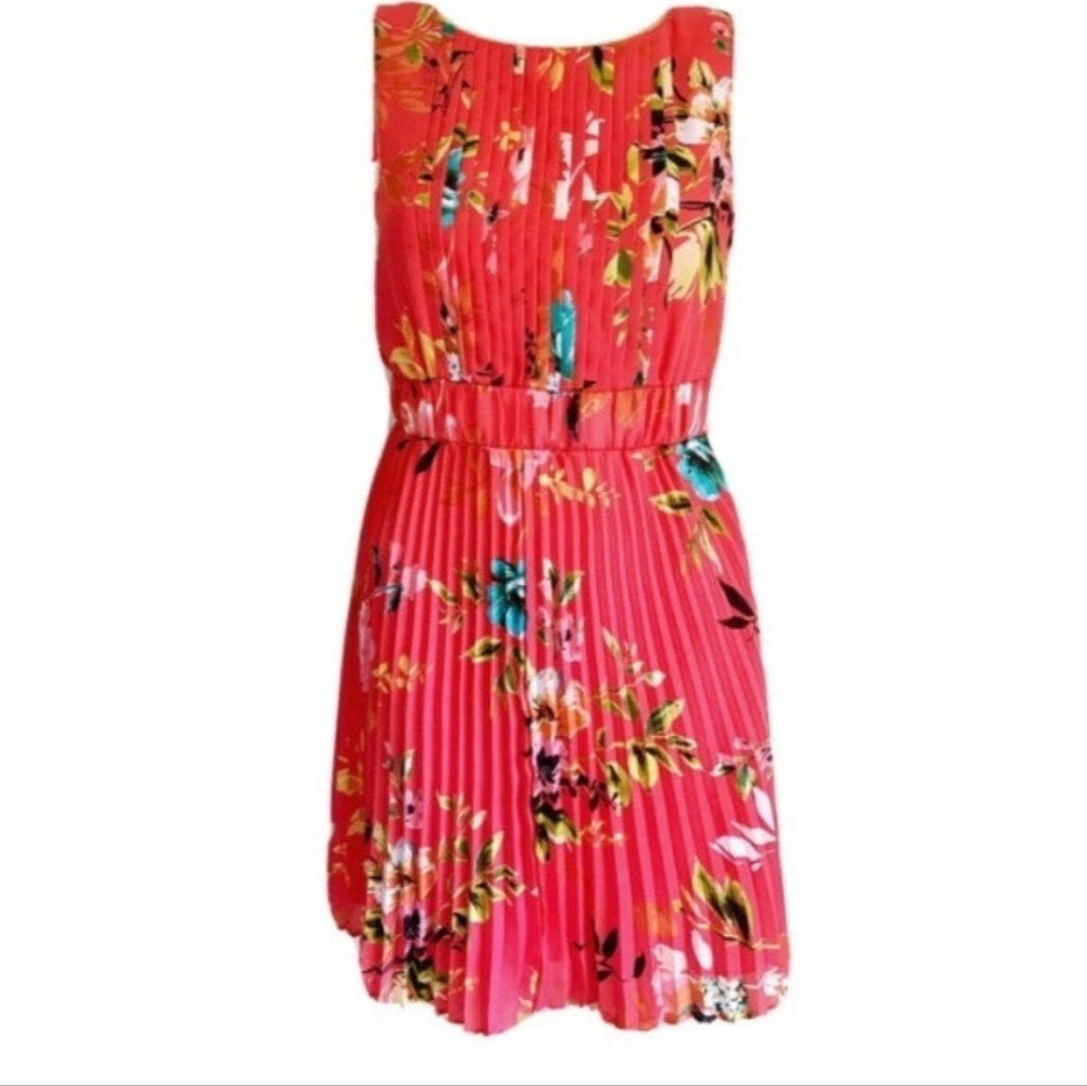 Liz Claiborne Coral Tropical Vibrant 12P Pleated Floral Sleeveless Dress